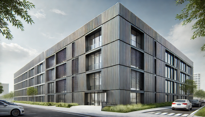 Hollowkisi aluminium Klik Material pada fasad kantor minimalis.
