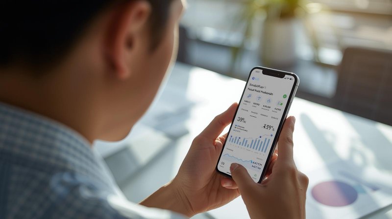 Investor muda sedang memantau portofolio reksadana online melalui aplikasi SimobiPlus Bank Sinarmas di smartphone dengan tampilan grafik investasi.