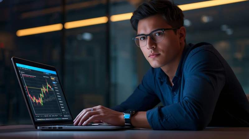 Profesional muda sedang memantau grafik harga Bitcoin di laptop di ruang kerja modern.