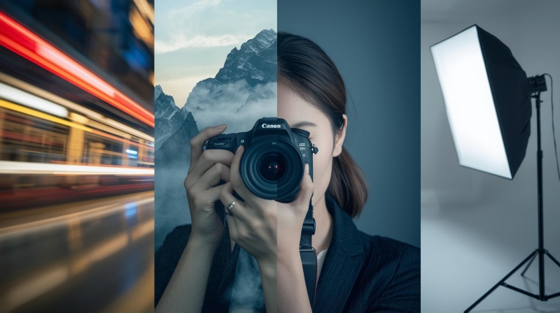 Ilustrasi fotografer memegang kamera dengan latar belakang kombinasi suasana kota, alam, dan studio yang melambangkan berbagai pilihan niche fotografi.