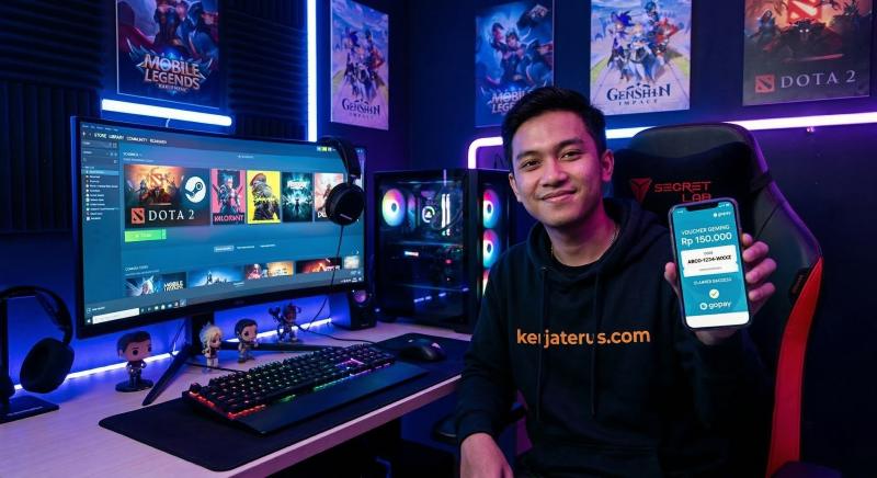 Gamer pria Indonesia terlihat senang setelah berhasil top up Steam Wallet melalui smartphone di depan PC