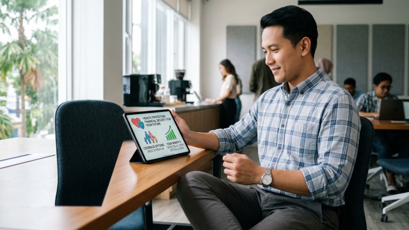 Pekerja profesional pria Indonesia merasa tenang karena mengetahui cara klaim asuransi Allianz untuk perlindungan kesehatan dan jiwa.