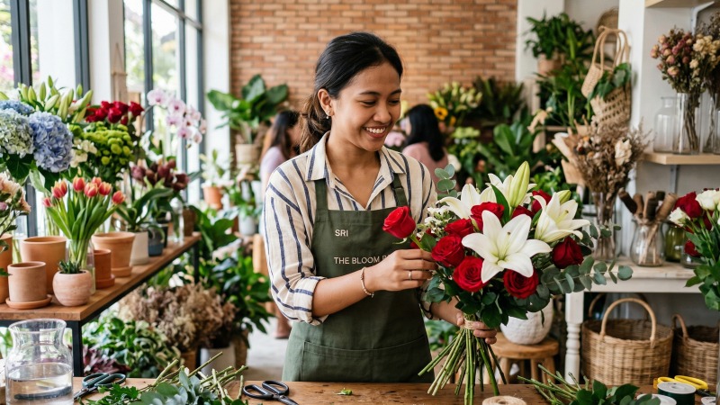 Florist berpengalaman sedang merangkai buket bunga segar untuk memenuhi pesanan pelanggan di Medan