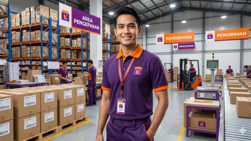 Petugas logistik membantu pelanggan menempelkan label pengiriman pada paket internasional