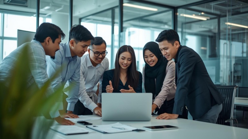Top digital agency professionals working together in a modern tech office.
