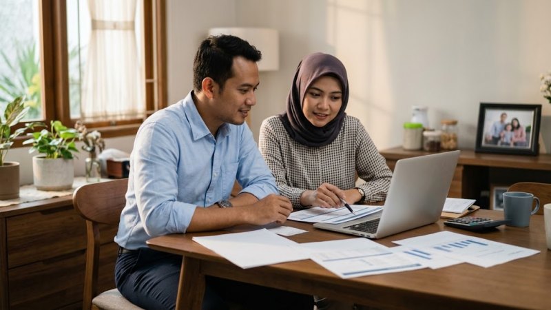 Pasangan merencanakan perlindungan finansial keluarga dengan asuransi jiwa.