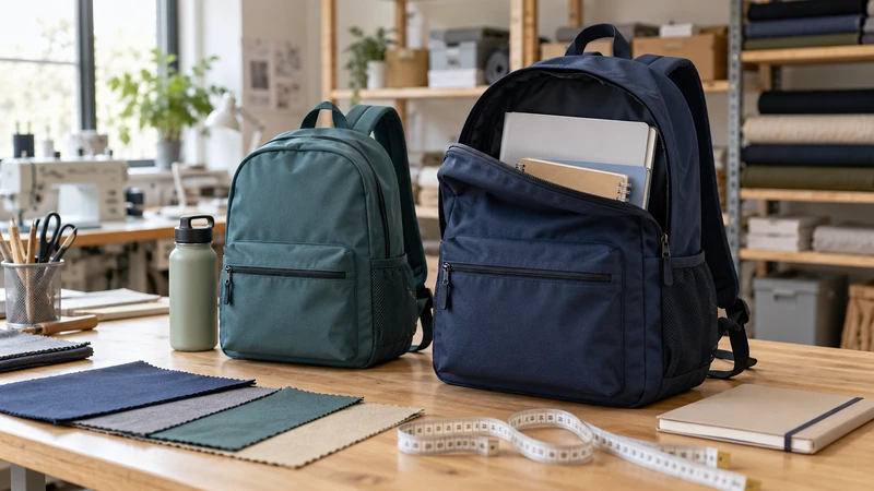 Dua ransel berbeda ukuran, sampel kain, dan pita ukur sebagai ilustrasi persiapan pesanan sekolah di konveksi tas custom.