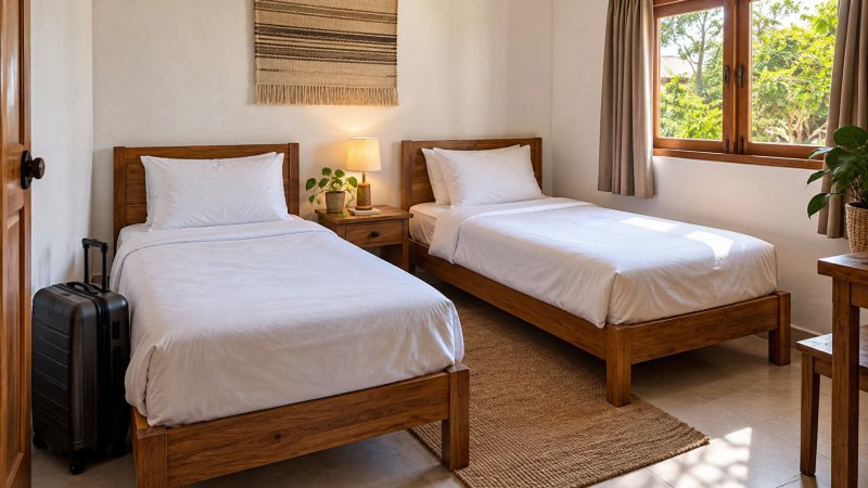 Ilustrasi kamar dengan dua tempat tidur, meja kecil, dan koper untuk panduan memilih penginapan murah di Bali.