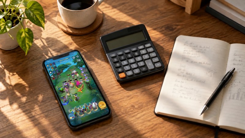 Ilustrasi perencanaan top up MCGG dengan tampilan permainan di smartphone, kalkulator, dan buku catatan di meja.